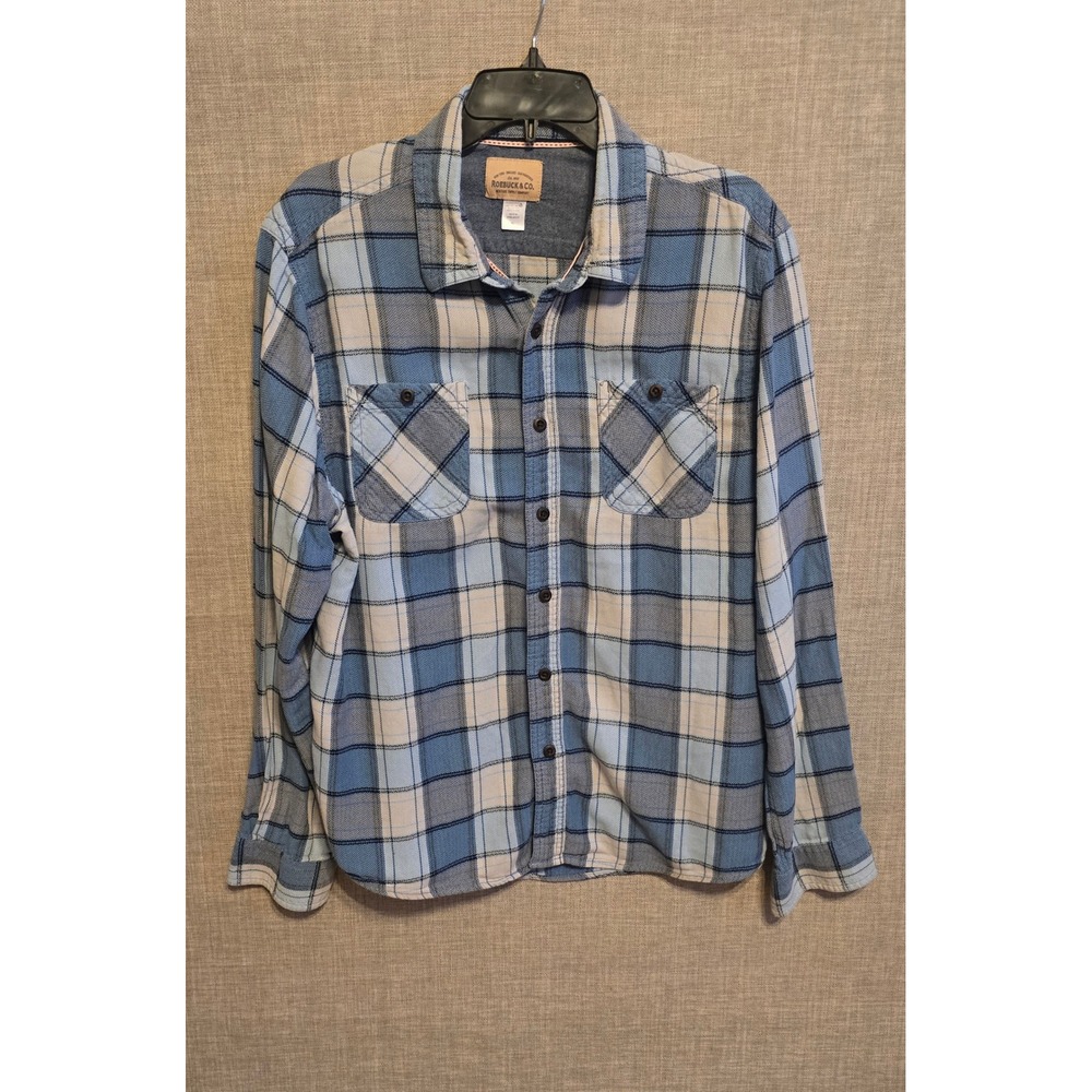 Roebuck & Co Mens Blue White Plaid Herringbone Flannel Shirt XL Recycled